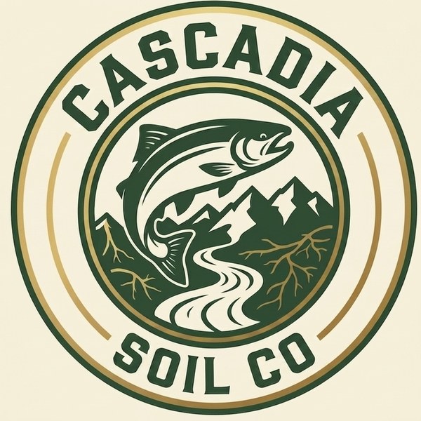 Cascadia Soil Co. seal — a leaping salmonid above mountains, a river running into roots.